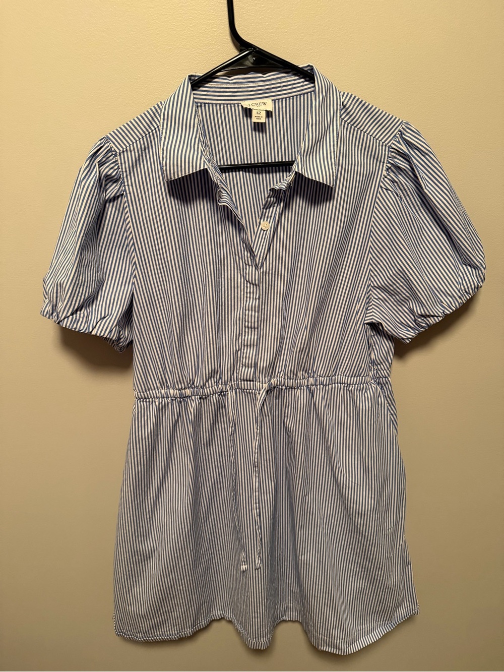 J. Crew Blue and White Striped Puff-Sleeve Drawstring Tunic